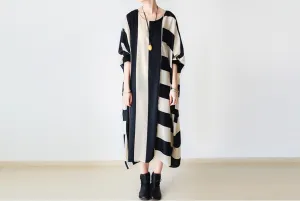 women caftan, silk and cotton gown,beige and black stripe maxi dress,batwing sleeve asymmetric loose tunic dress,plus size clothing,bust 200cm/”