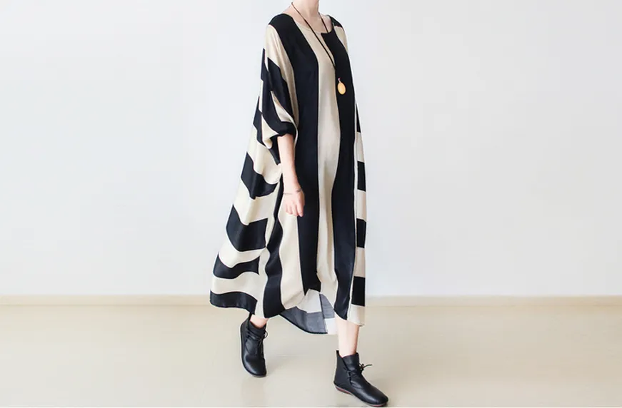 women caftan, silk and cotton gown,beige and black stripe maxi dress,batwing sleeve asymmetric loose tunic dress,plus size clothing,bust 200cm/”