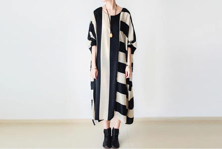 women caftan, silk and cotton gown,beige and black stripe maxi dress,batwing sleeve asymmetric loose tunic dress,plus size clothing,bust 200cm/”