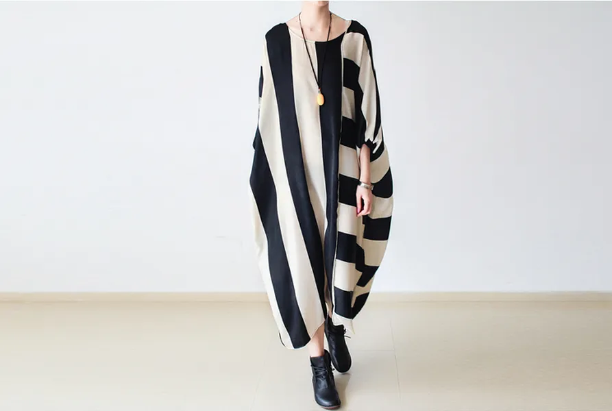 women caftan, silk and cotton gown,beige and black stripe maxi dress,batwing sleeve asymmetric loose tunic dress,plus size clothing,bust 200cm/”