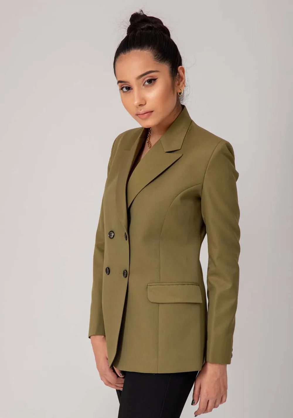 Women olive green double breasted blazer