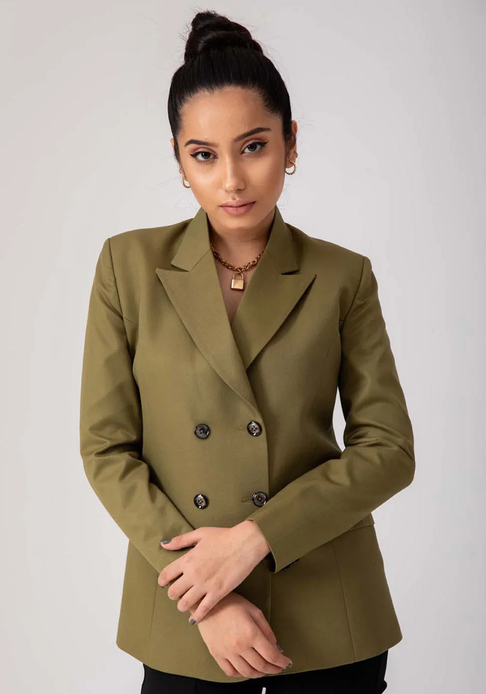 Women olive green double breasted blazer