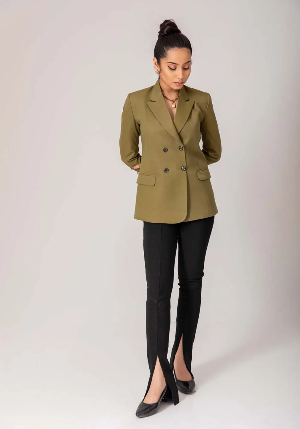 Women olive green double breasted blazer