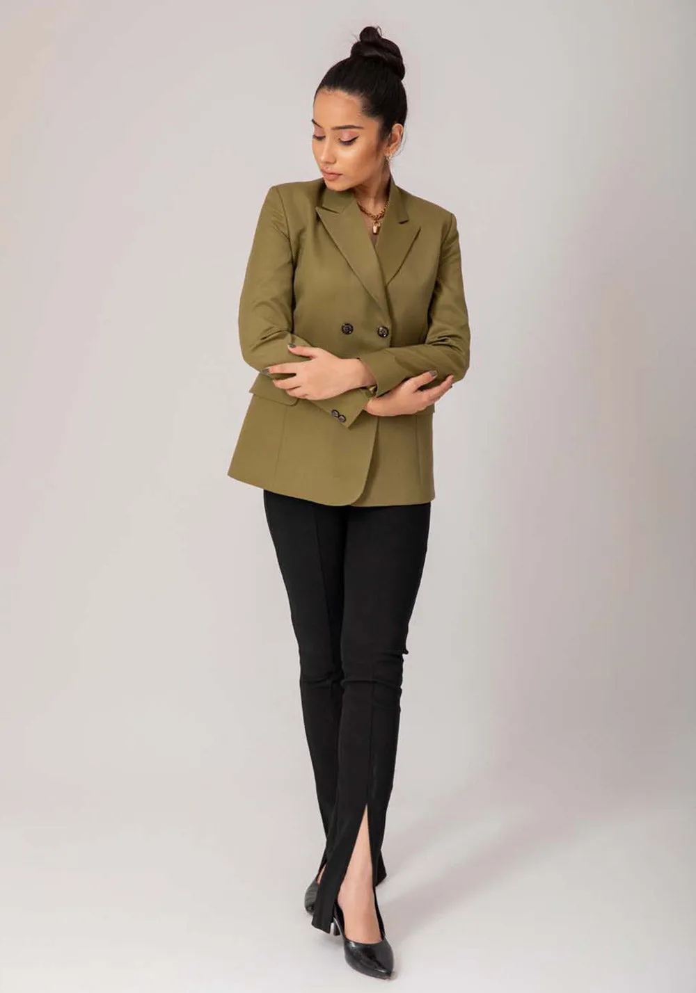 Women olive green double breasted blazer