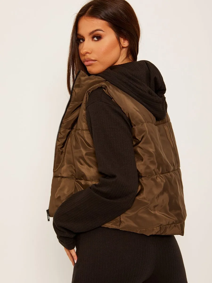 Yoli Cropped Padded Gilet In Khaki