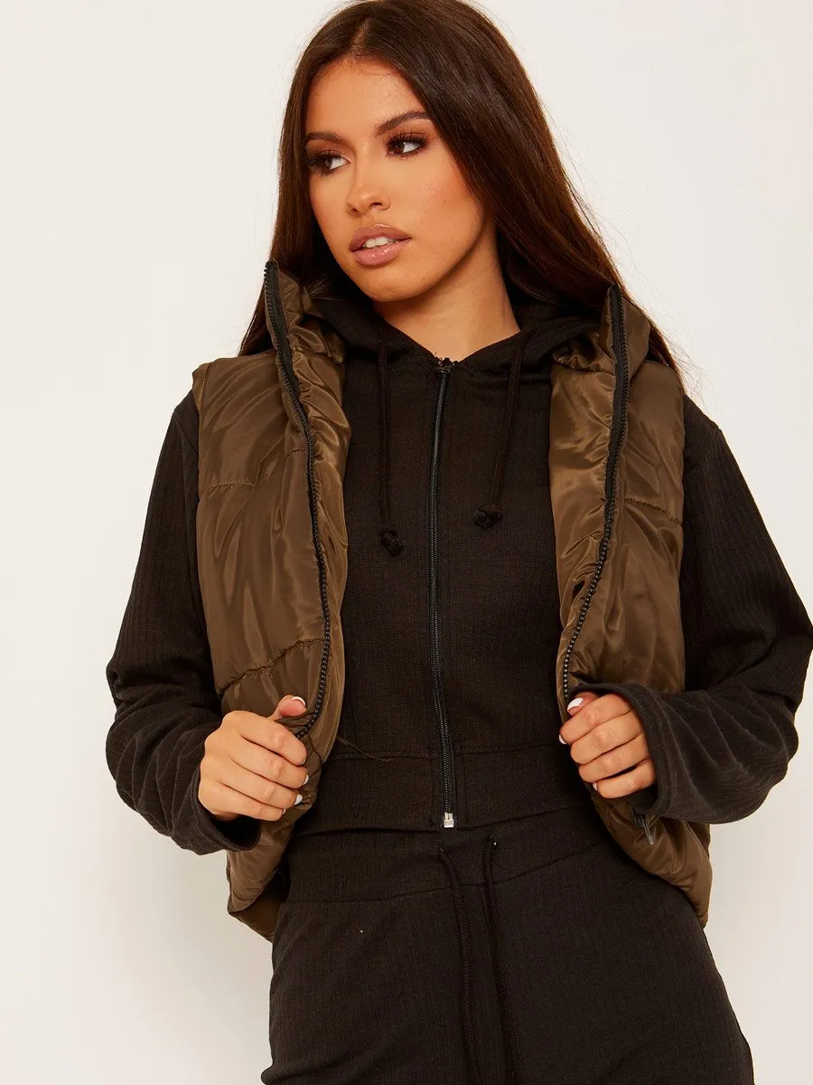 Yoli Cropped Padded Gilet In Khaki