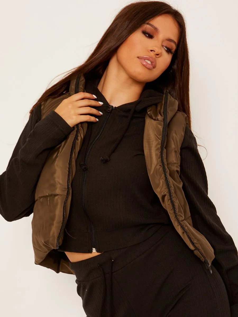 Yoli Cropped Padded Gilet In Khaki