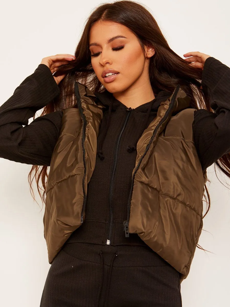 Yoli Cropped Padded Gilet In Khaki