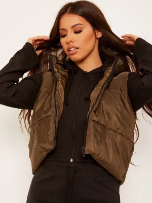 Yoli Cropped Padded Gilet In Khaki